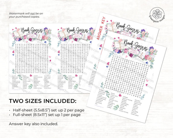 Book Genres Word Find - PRINTABLE downloadable activity. Search for guests, adults & older kids. Beautiful floral feminine artwork aesthetic