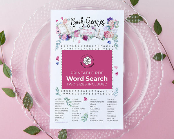 Book Genres Word Find - PRINTABLE downloadable activity. Search for guests, adults & older kids. Beautiful floral feminine artwork aesthetic