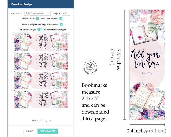 Floral Bookmark Template - PRINTABLE and editable. Personalize in Corjl. Cute hand-out gift for book club, library, and book-themed parties.