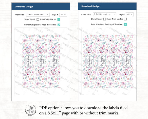 Floral Books Water Bottle Label - PRINTABLE template. Corjl editable in browser. Book-themed party decorations. Feminine and pretty flowers.