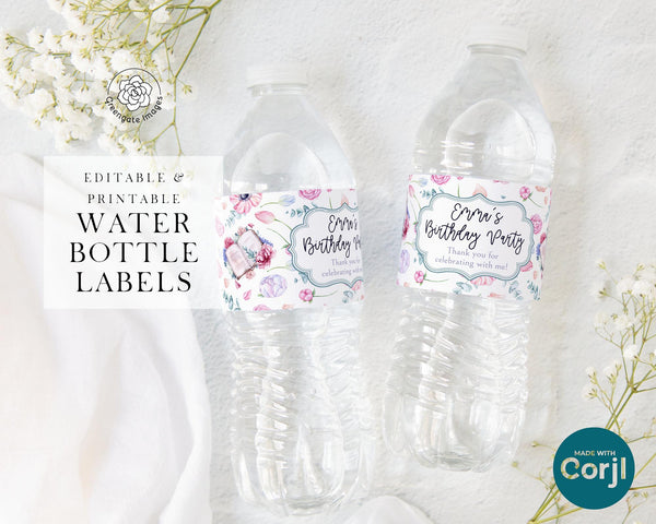 Floral Books Water Bottle Label - PRINTABLE template. Corjl editable in browser. Book-themed party decorations. Feminine and pretty flowers.