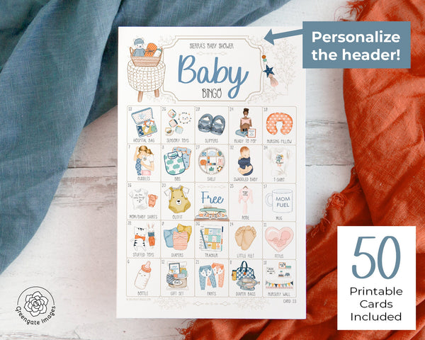 Blue & Orange Baby Bingo - 50 PRINTABLE different unique cards PDFs. Personalize header/title text using Adobe Reader. Cute hand-drawn art.