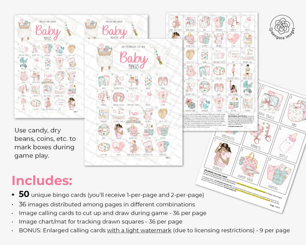 Pink & Aqua Baby Girl Bingo - 50 PRINTABLE different unique cards. Personalize header/title text using Adobe Reader. Cute hand-drawn art.