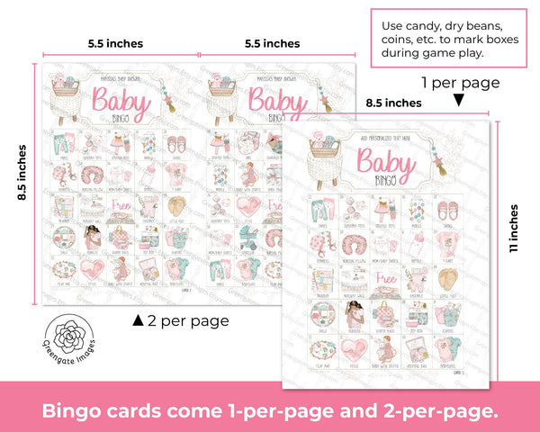 Pink & Aqua Baby Girl Bingo - 50 PRINTABLE different unique cards. Personalize header/title text using Adobe Reader. Cute hand-drawn art.