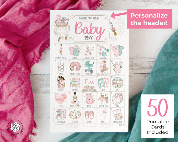 Pink & Aqua Baby Girl Bingo - Personalizable - Printable Digital Download by Greengate Images