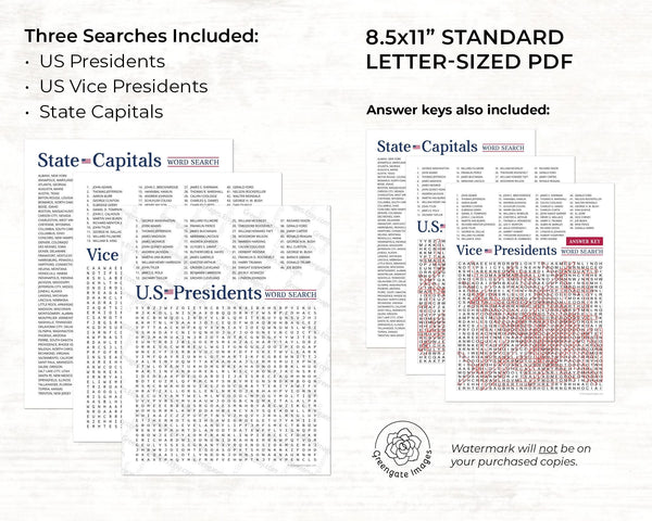 US Word Search Bundle - PRINTABLE Word Find pages. Instant download PDF. 3 topics on 8.5x11" pages: U.S.A. Presidents, Vice, State Capitals.