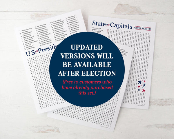 US Word Search Bundle - PRINTABLE Word Find pages. Instant download PDF. 3 topics on 8.5x11" pages: U.S.A. Presidents, Vice, State Capitals.