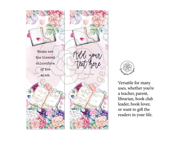 Floral Bookmark Template - PRINTABLE and editable. Personalize in Corjl. Cute hand-out gift for book club, library, and book-themed parties.