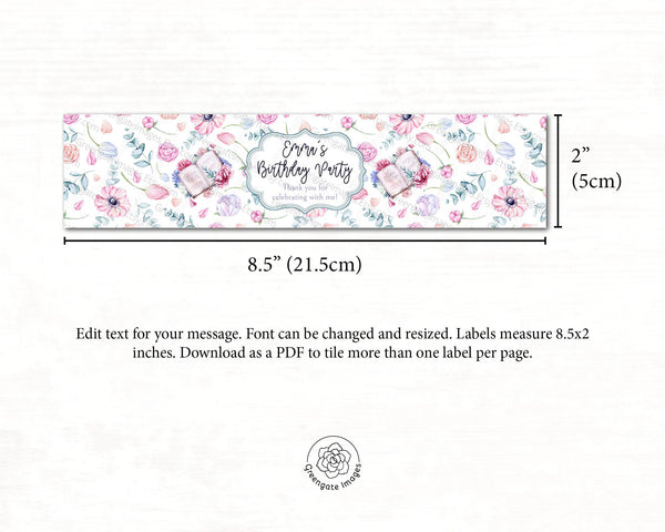 Floral Books Water Bottle Label - PRINTABLE template. Corjl editable in browser. Book-themed party decorations. Feminine and pretty flowers.