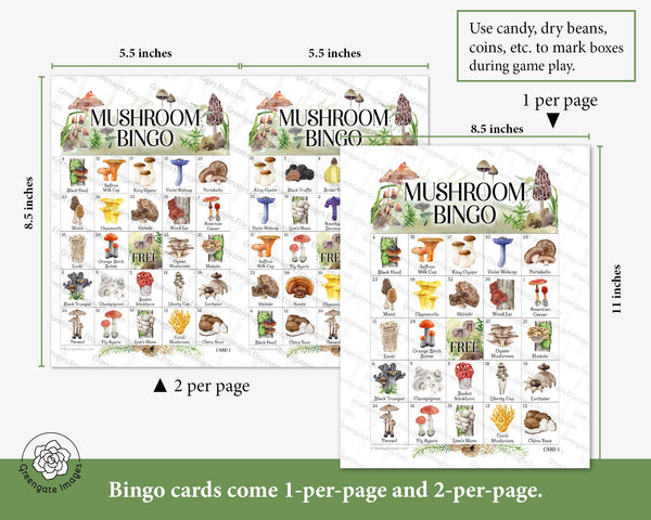 Mushroom Bingo Cards - 50 PRINTABLE unique cards. Kids, adults, senior citizen activities. Fungi species woodland forest theme party idea.