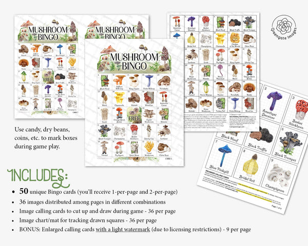 Mushroom Bingo Cards - Printable Digital Download by Greengate Images