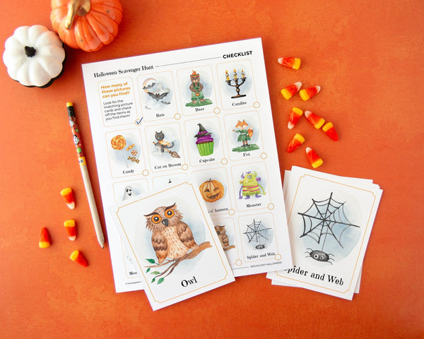 Kids' Halloween Scavenger Hunt - PRINTABLE preschool, kindergarten, elementary children's game w/picture cards to hide and find. 15 items.