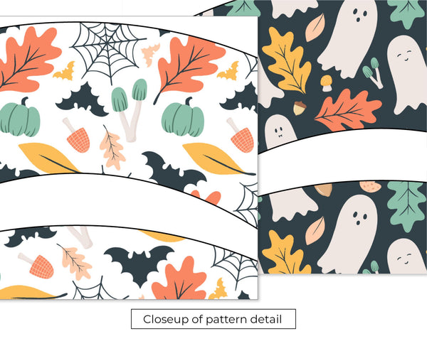 Falloween Cupcake Wrapper Duo - PRINTABLE sleeves PDF. Ghosts, spiderwebs, bats, colorful fall leaves & mushrooms. Mint green, gold, orange.