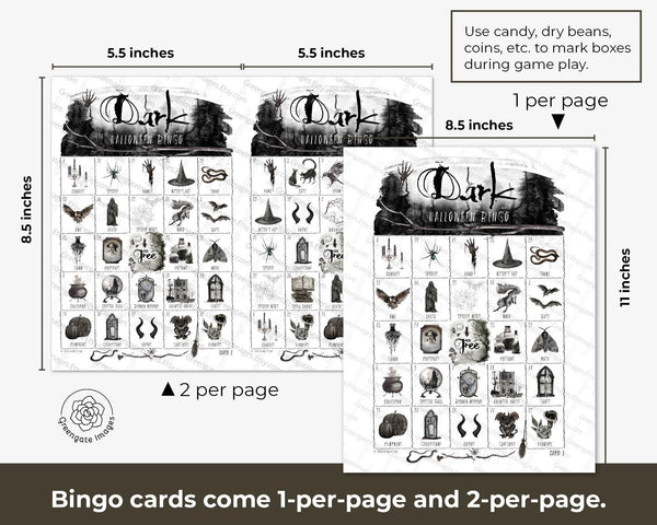 Dark Halloween Bingo Cards - 50 PRINTABLE unique cards PDF. Large party idea, clean adult, tween, preteen, teenager, older kids creepy game.