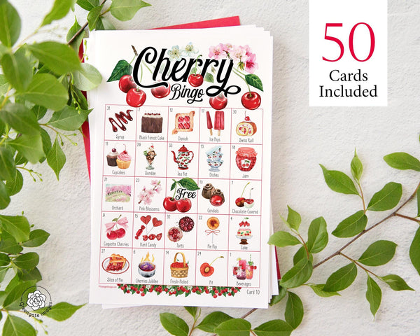 Cherry Bingo - 50 PRINTABLE unique cards. Instant digital download PDF. Fun activity for cherry on top baby showers and berry themes.