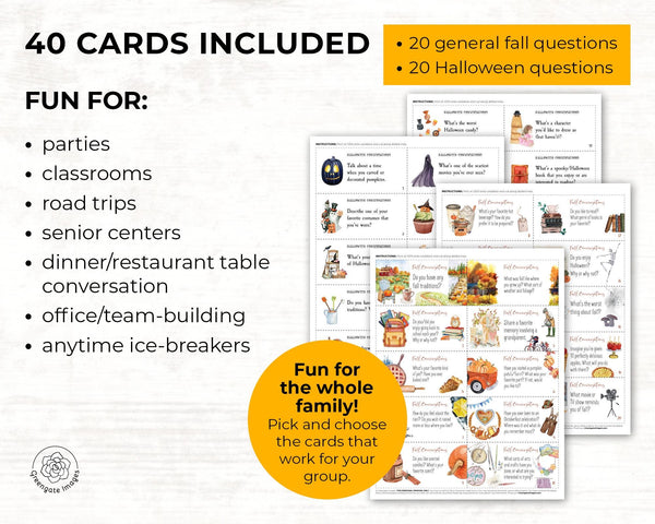 Fall & Halloween Conversation Cards - PRINTABLE instant download. 40 questions to break the ice and entertain during parties, road trips.