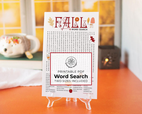 Fall Word Search - PRINTABLE downloadable activity. Fun word find party guests, adults & older kids. Big word list. Road trip, classroom.