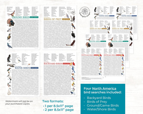 Bird Word Search Bundle - PRINTABLE Word Find pages. Instant download PDF. North America backyard, water/shore, prey/raptors, & ground/game.