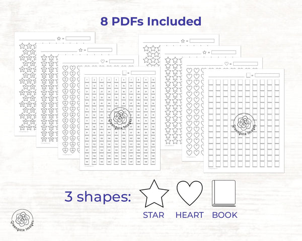 Numbered Progress Tracking Charts - PRINTABLE instant download PDF. 150 shapes for journaling, goals, accomplishment, classroom, visual aid.