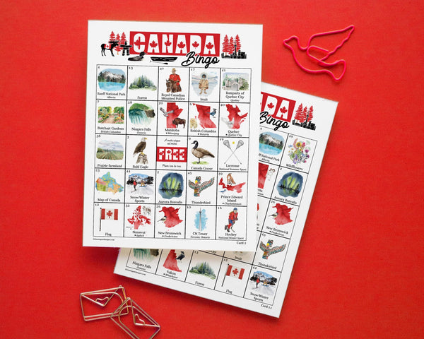 Canada Bingo - 50 PRINTABLE unique cards. Instant digital download PDF. Fun and educational game for classrooms, senior centers, & parties.