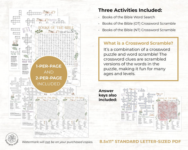 Books of the Bible Activities - PRINTABLE Instant download PDFs. Word search + 2 crossword scrambles to memorize OT/NT Bible books spelling.