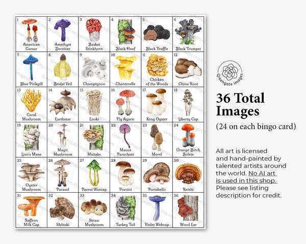 Mushroom Bingo Cards - 50 PRINTABLE unique cards. Kids, adults, senior citizen activities. Fungi species woodland forest theme party idea.