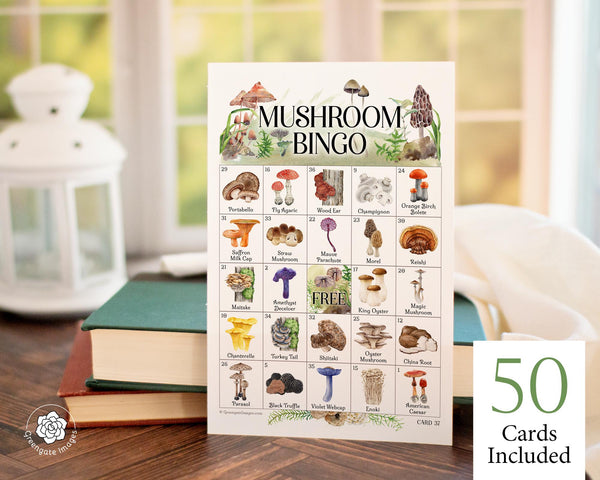 Mushroom Bingo Cards - 50 PRINTABLE unique cards. Kids, adults, senior citizen activities. Fungi species woodland forest theme party idea.