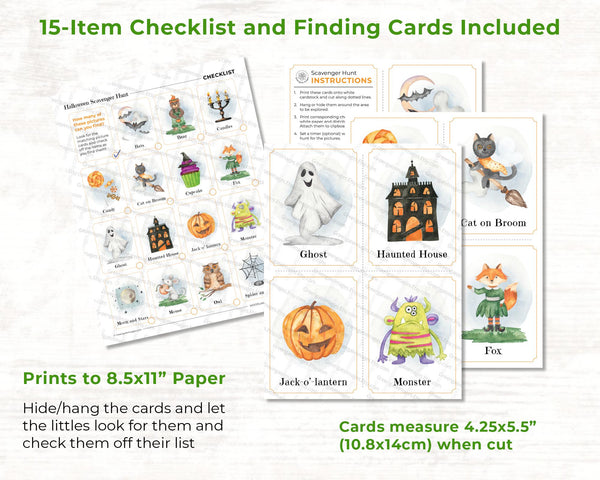 Kids' Halloween Scavenger Hunt - PRINTABLE preschool, kindergarten, elementary children's game w/picture cards to hide and find. 15 items.