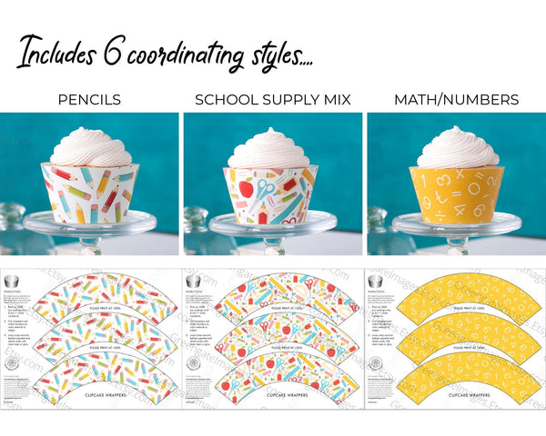 BUNDLE School Cupcake Wrappers - PRINTABLE instant download PDF. Colorful school supplies: pencils, crayons, paperclips, alphabet, numbers.