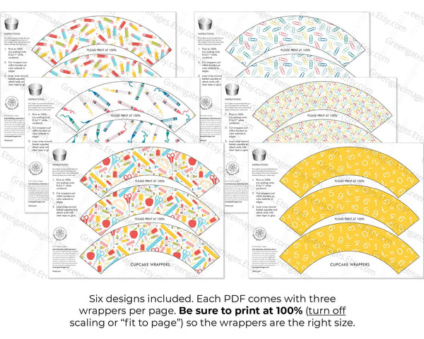 BUNDLE School Cupcake Wrappers - PRINTABLE instant download PDF. Colorful school supplies: pencils, crayons, paperclips, alphabet, numbers.