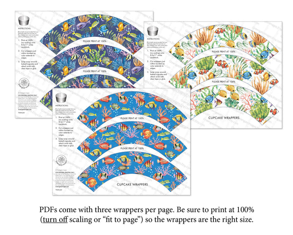 Coral Reef Cupcake Wrapper Trio - PRINTABLE pdf instant download. Cute, brightly-colored patterns with tropical fish, plants, & ocean life.