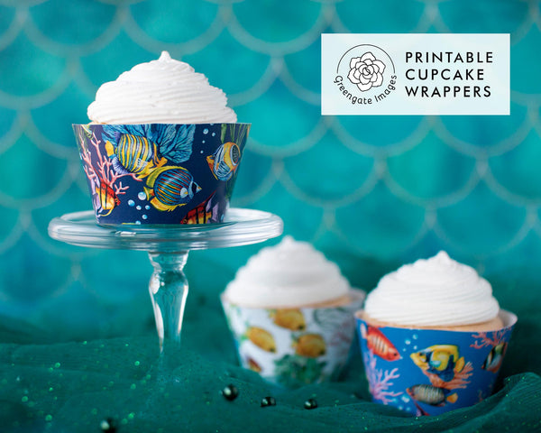 Coral Reef Cupcake Wrapper Trio - PRINTABLE pdf instant download. Cute, brightly-colored patterns with tropical fish, plants, & ocean life.