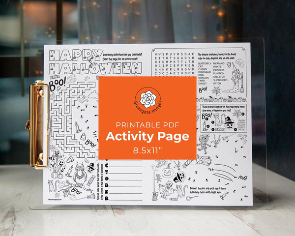 Halloween Activity Page - Instant download PDF games for kids. Word search, acrostic, maze, I Spy, dot-to-dot 8.5x11" coloring placemat.