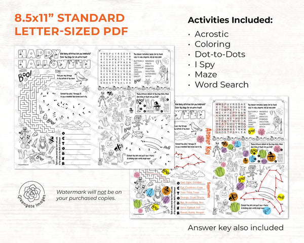 Halloween Activity Page - Instant download PDF games for kids. Word search, acrostic, maze, I Spy, dot-to-dot 8.5x11" coloring placemat.