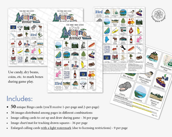 Maine Bingo Cards - 50 PRINTABLE unique cards download instantly. Fun ME state activity for kids-seniors. Educational homeschool game.