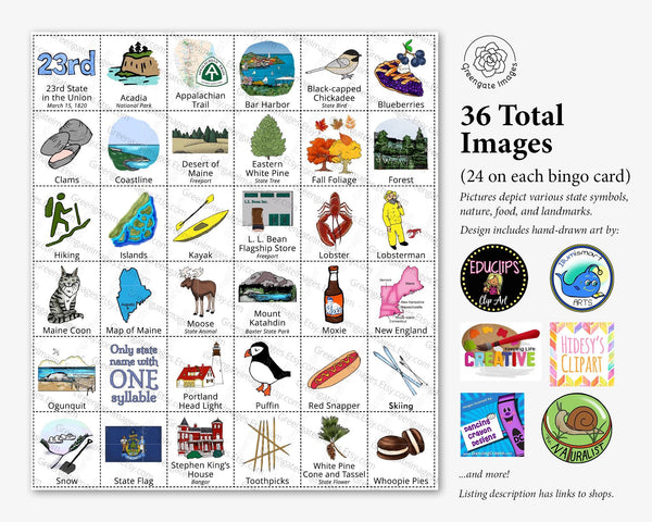 Maine Bingo Cards - 50 PRINTABLE unique cards download instantly. Fun ME state activity for kids-seniors. Educational homeschool game.