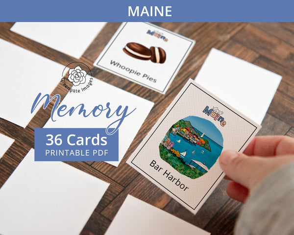 Maine Memory Game - PRINTABLE downloadable activity PDF. Matching game. 36 picture cards representing symbols & aspects of a US state.