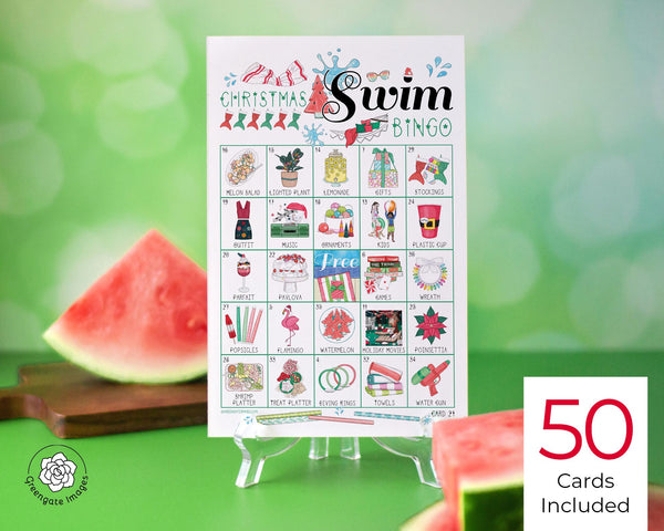 Christmas Swim Bingo - 50 PRINTABLE unique cards. Warm weather holiday game idea. Backyard BBQ picnic swimming pool beach. Prefilled w/art.