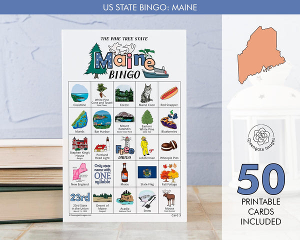 Maine Bingo Cards - 50 PRINTABLE unique cards download instantly. Fun ME state activity for kids-seniors. Educational homeschool game.