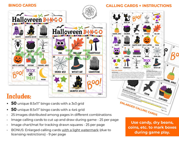 Halloween Bingo - 3x3 & 4x4 large print boards for little kids, memory care, elderly, and developmental disabilities. Faster, easier games.