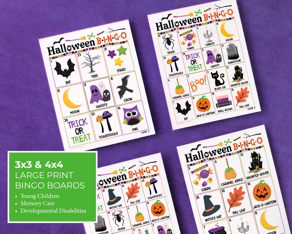 Halloween Bingo - 3x3 & 4x4 large print boards for little kids, memory care, elderly, and developmental disabilities. Faster, easier games.