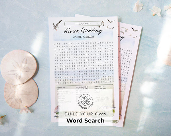 Build-Your-Own Word Search Template - PRINTABLE PDF activity that you customize. Fun wedding reception word find for guests, adults & kids.