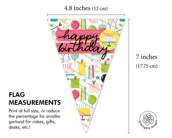 Birthday Bunting - PRINTABLE instant download PDF. Two styles of celebratory bunting flags to create DIY banner. Colorful "Happy Birthday."