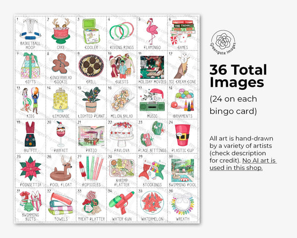 Christmas Swim Bingo - 50 PRINTABLE unique cards. Warm weather holiday game idea. Backyard BBQ picnic swimming pool beach. Prefilled w/art.