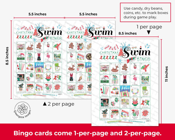 Christmas Swim Bingo - 50 PRINTABLE unique cards. Warm weather holiday game idea. Backyard BBQ picnic swimming pool beach. Prefilled w/art.