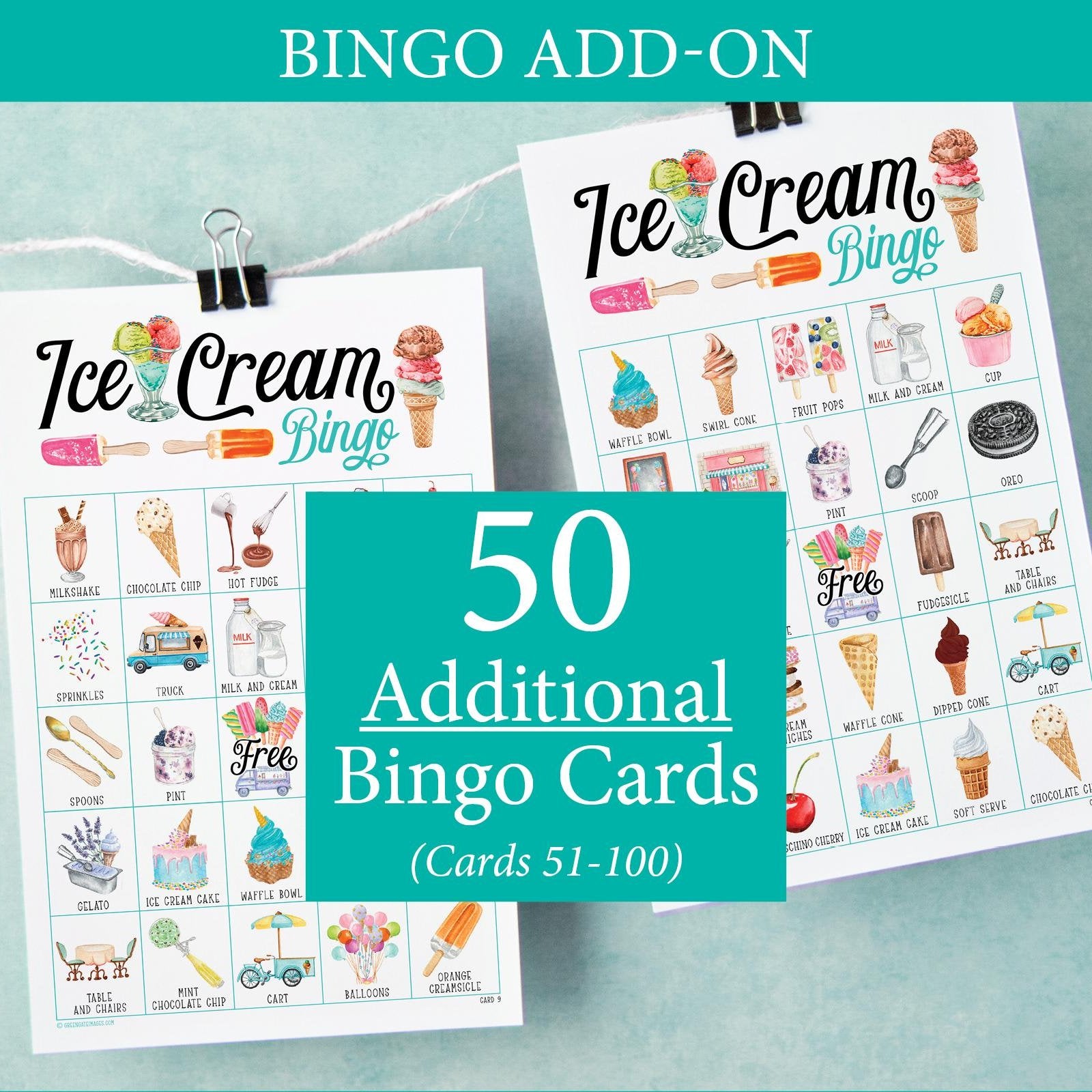 ADD-ON: 50 additional Ice Cream Bingo cards (numbered 51-100) - Printable Digital Download by Greengate Images