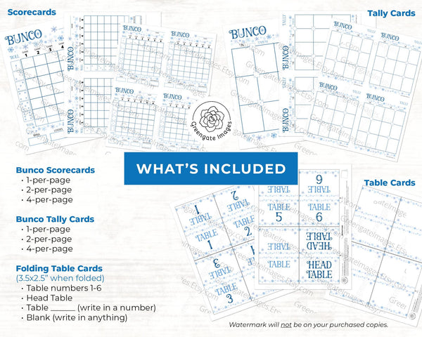 Winter Snow Bunco Scorecard Set - PRINTABLE digital download PDF w/tally sheet & table number cards. Party game, large group activity idea.