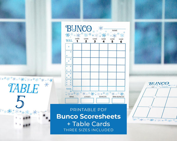 Winter Snow Bunco Scorecard Set - PRINTABLE digital download PDF w/tally sheet & table number cards. Party game, large group activity idea.