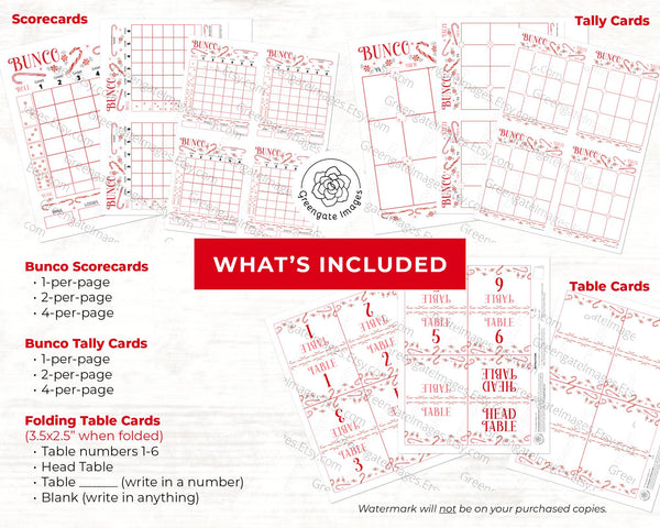 Candy Cane Bunco Scorecard Set - PRINTABLE digital download PDF w/tally sheet & table number cards. Party game, large group activity idea.