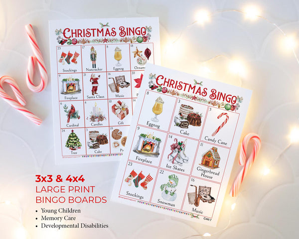 Christmas Bingo - 3x3 & 4x4 large print boards for young kids, memory care, elderly, and developmental disabilities. Faster, easier games.